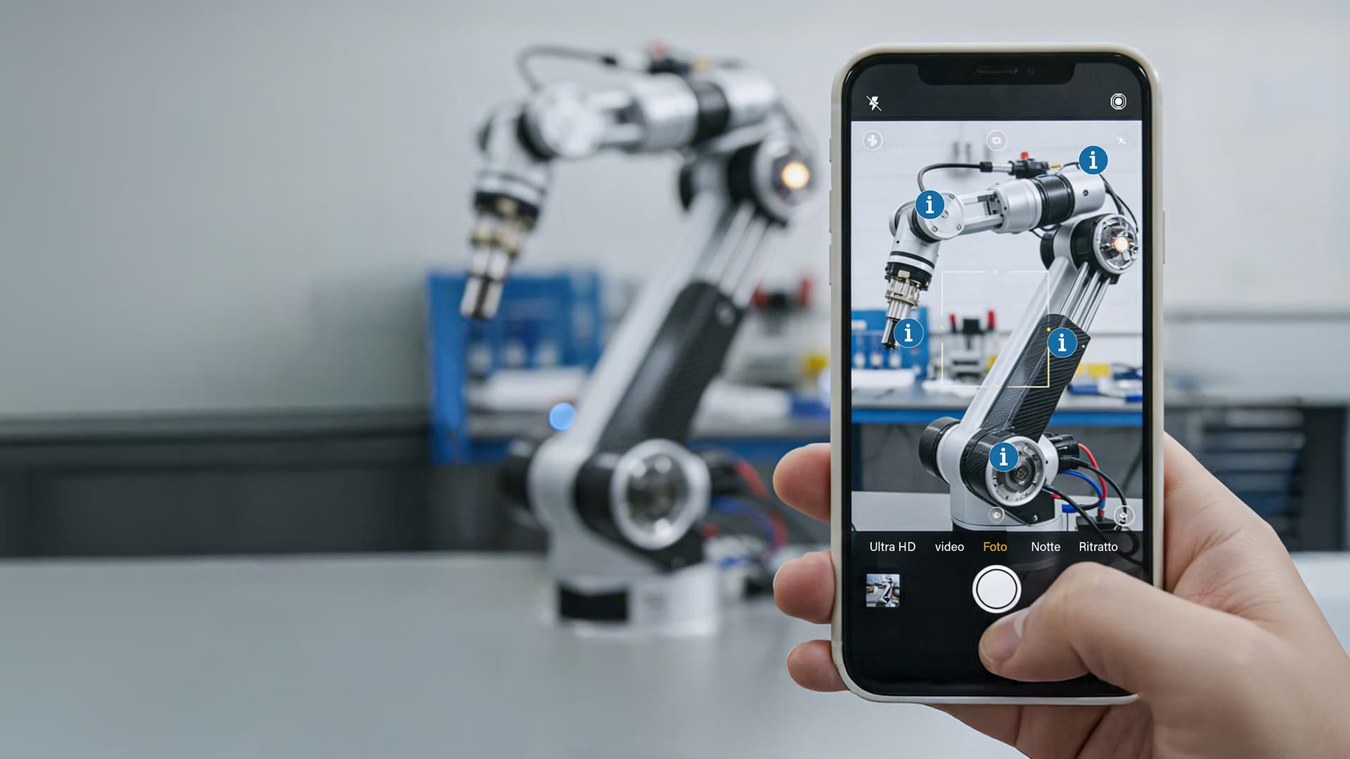 Smartphone che inquadra un braccio robotico con indicatori in realtà aumentata, per la formazione tecnica