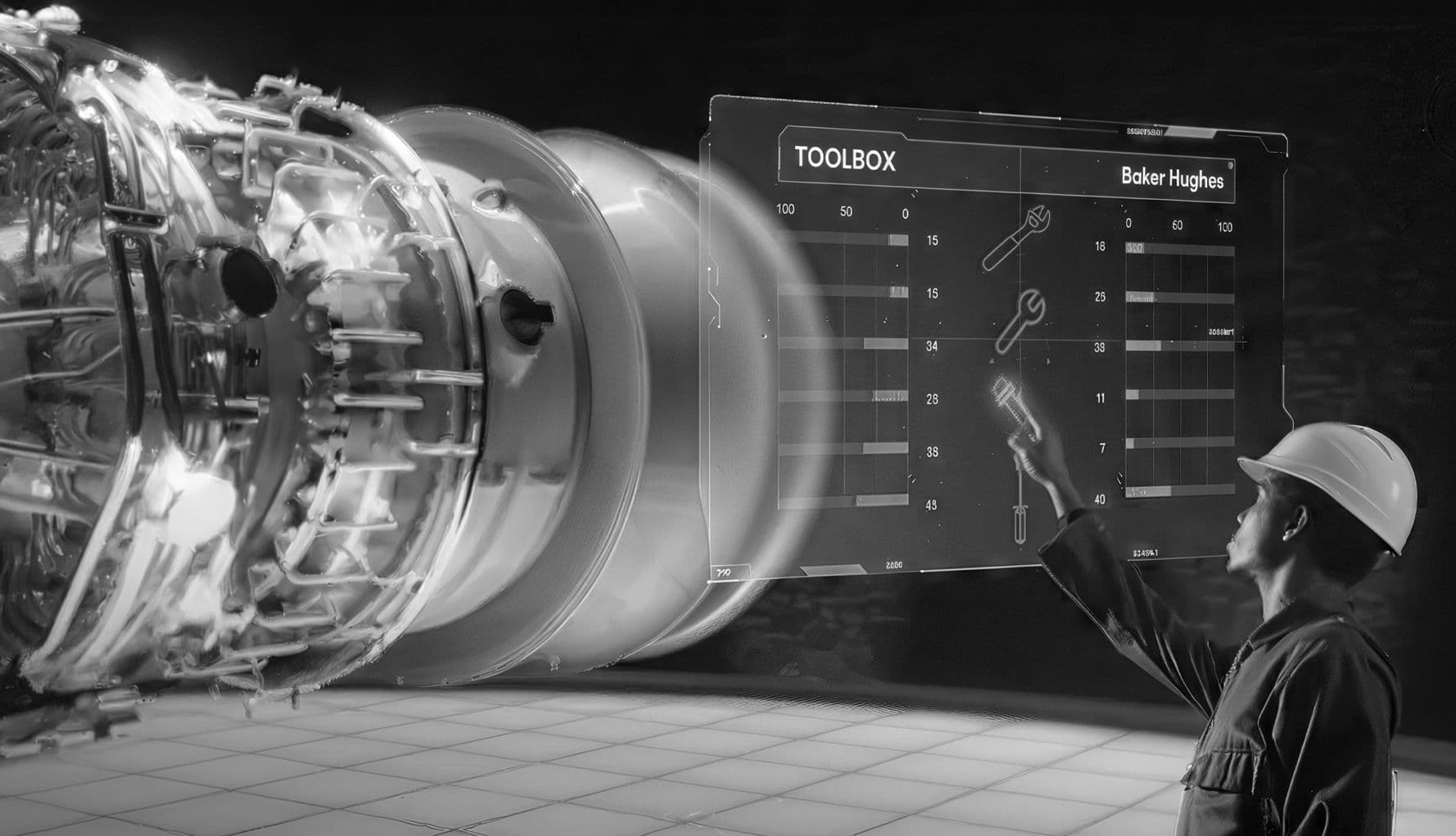 Tecnico con elmetto che usa un pannello olografico davanti a una turbina Baker Hughes, in un training in realtà virtuale