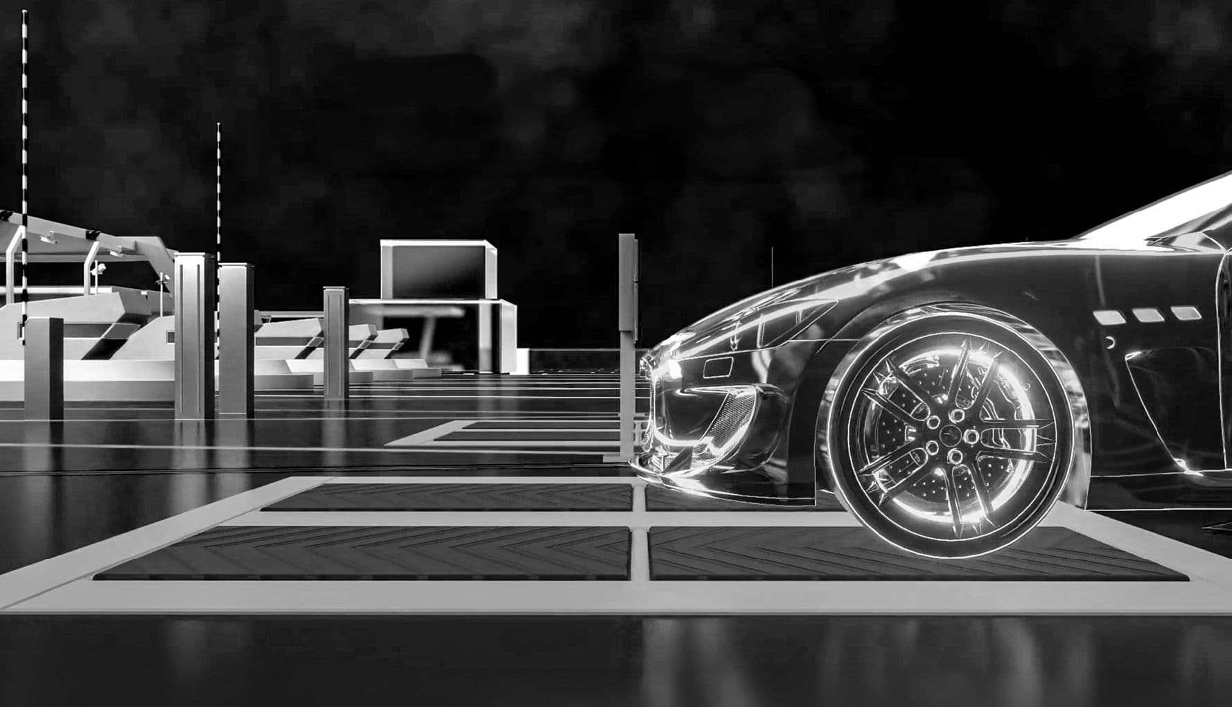 Auto futuristica con cerchi azzurri luminosi in un casello virtuale, per il progetto Stop & Go di Movyon