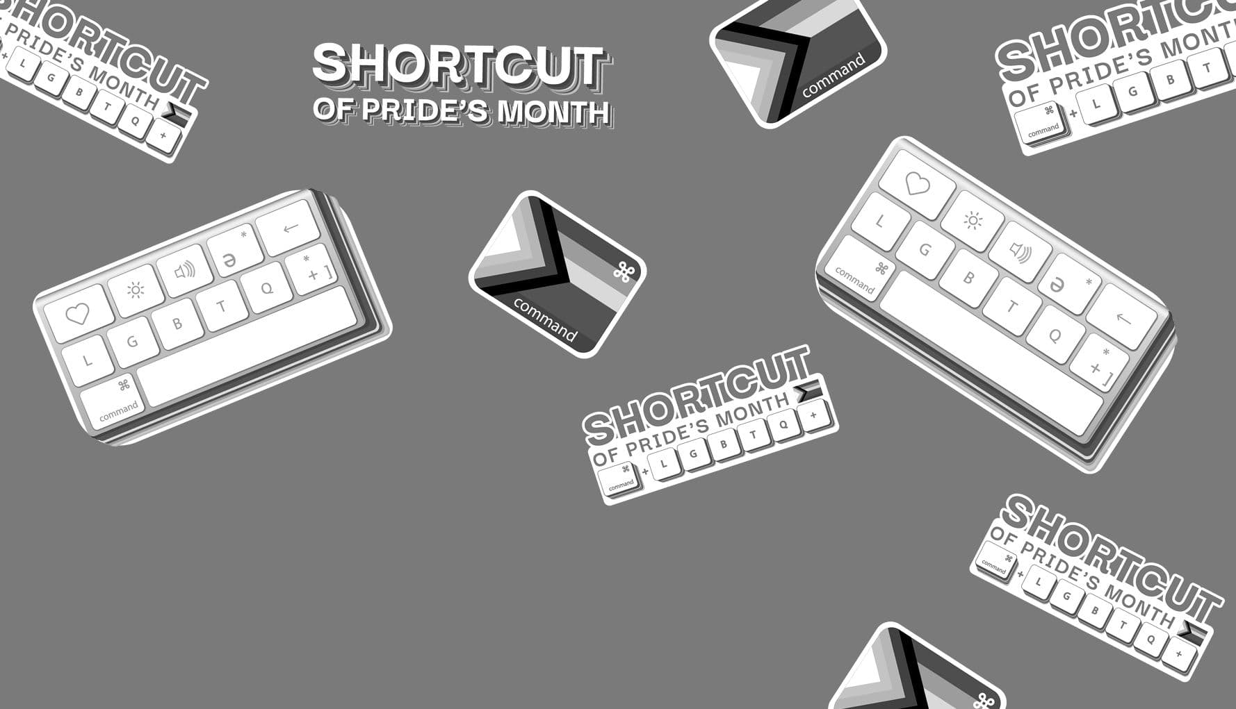 Tastiere e adesivi con la bandiera pride su sfondo arancione, con la scritta «Shortcut of Pride's Month» per Rekordata