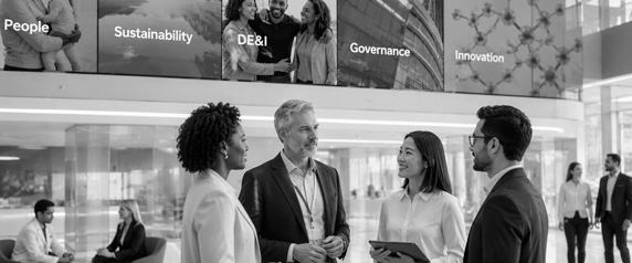Professionista in contesto corporate per comunicazione pharma sostenibilità e diversity