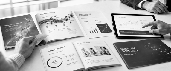 Materiali stampati HCP e visual aid per forza vendita farmaceutica con approvazione medical e regulatory